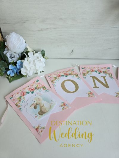 🎀 Банер за рожден ден „ONE“ – Зайче в розово